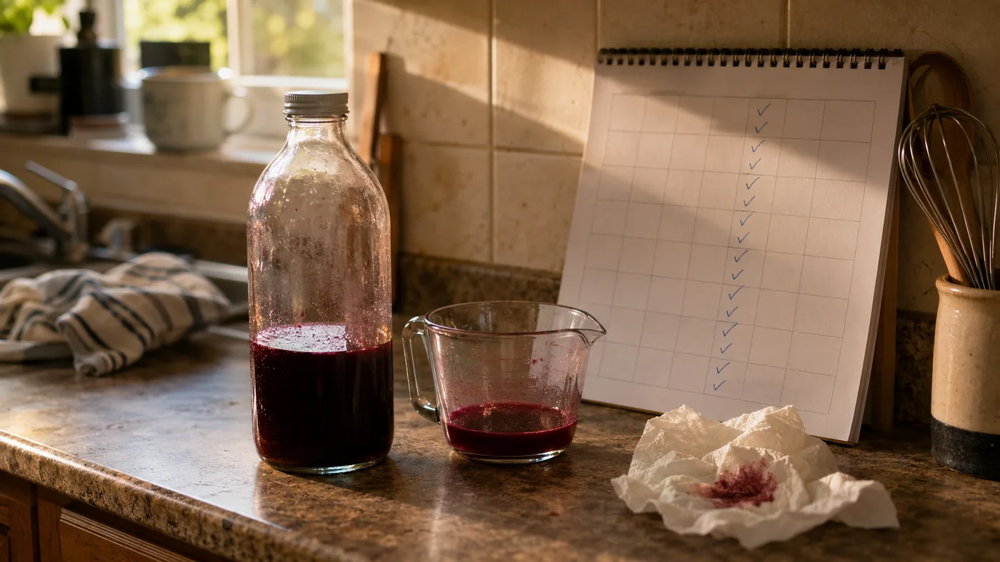 A half-empty bottle of dark juice beside a measuring cup and a calendar of check marks