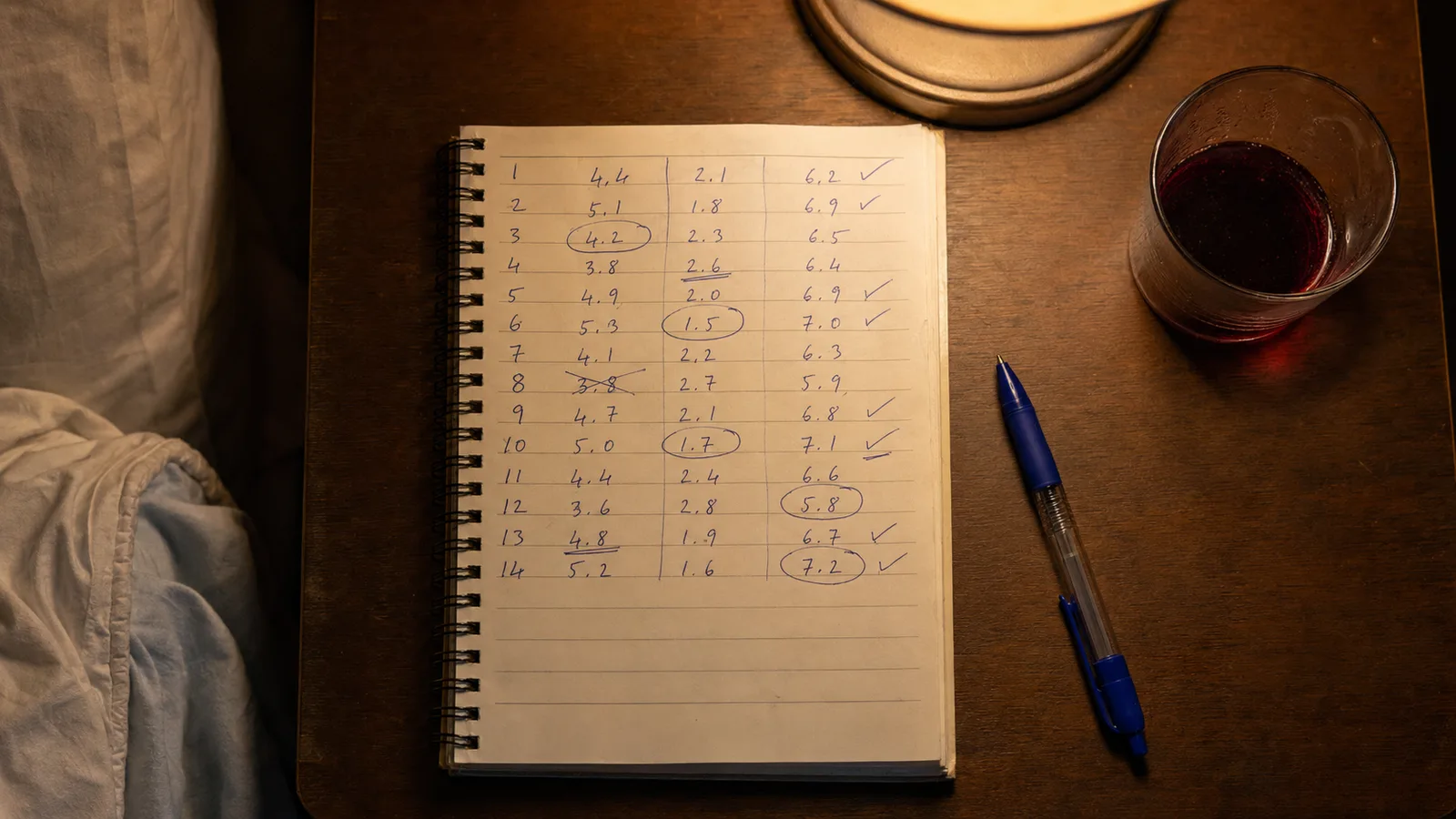 A handwritten fourteen-day sleep log on a bedside table