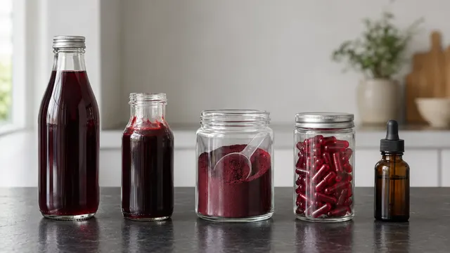 Tart cherry juice, powder, capsules and dropper bottle side by side