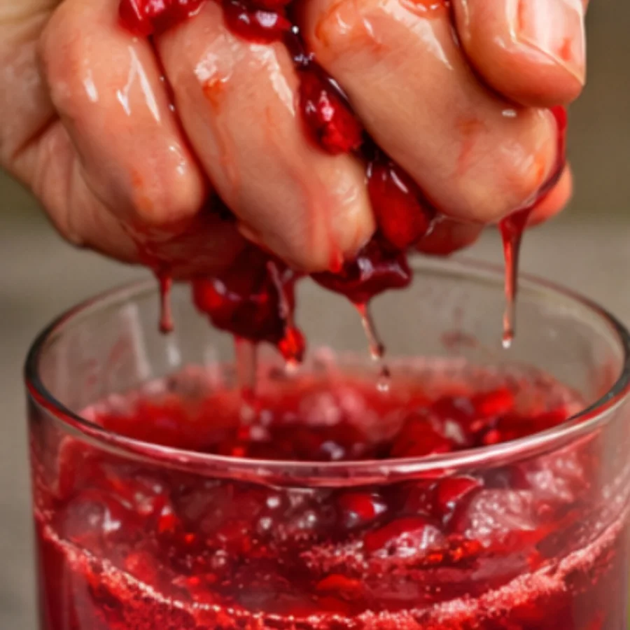A hand squeezing tart cherry pulp over a glass