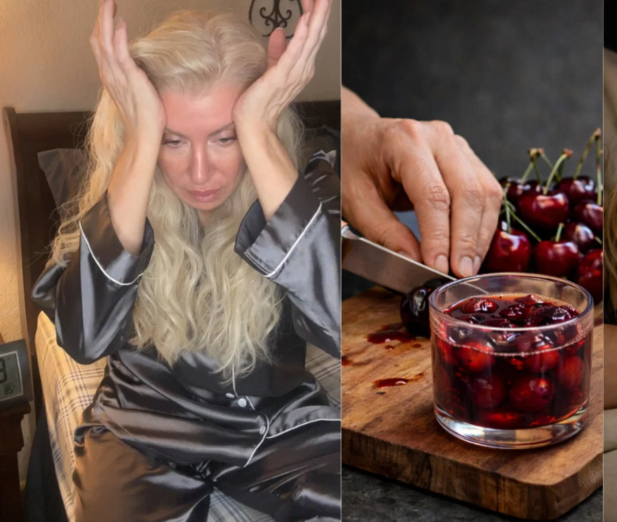 A woman awake in the dark at 3:41, and tart cherries being cut on a board