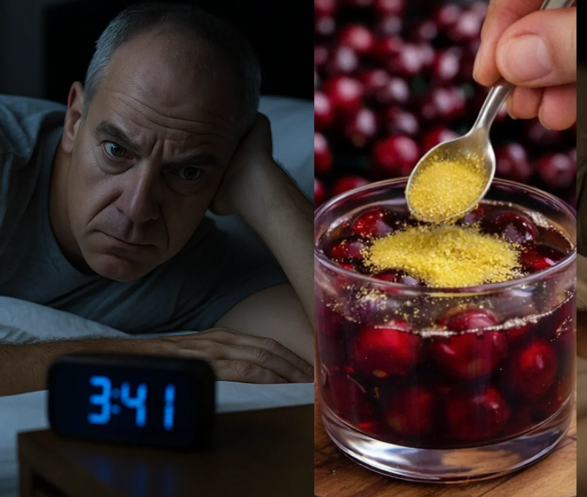 A man awake in the dark at 3:41, and tart cherry being stirred in a glass
