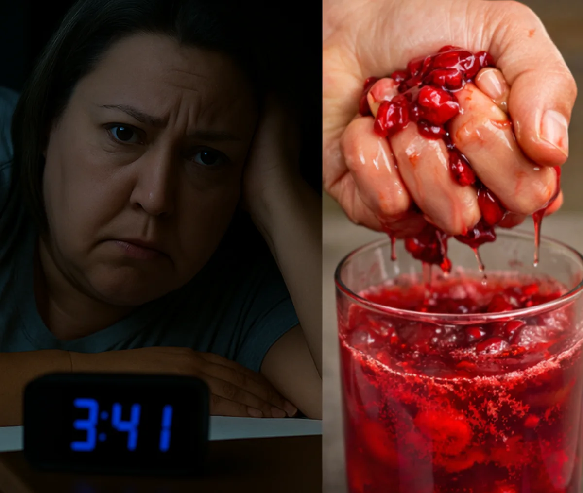 A woman awake in the dark at 3:41, and tart cherry being pressed into a glass