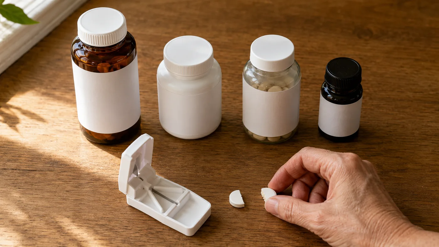 Unmarked supplement bottles on a counter beside a pill cutter and a halved tablet