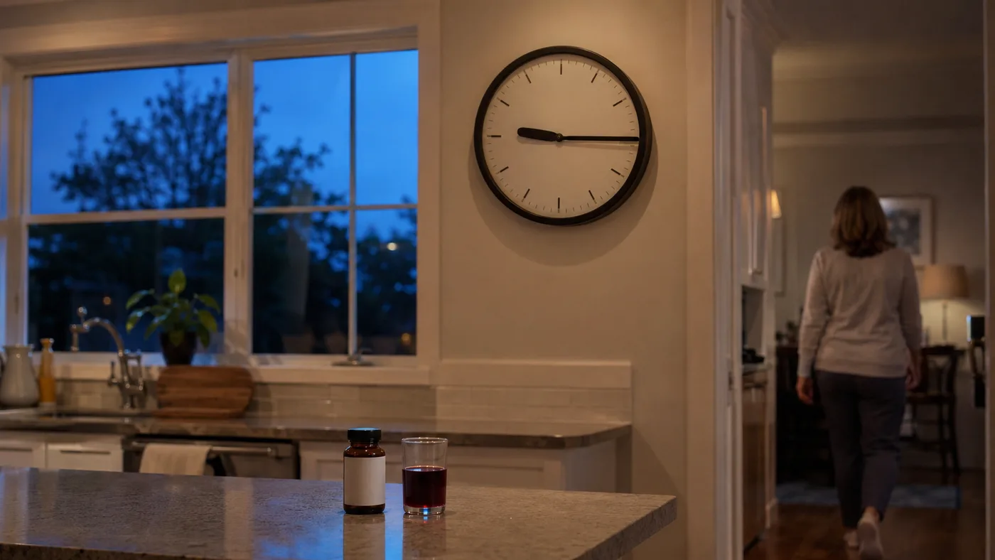 A kitchen at dusk with a wall clock, a glass of dark juice and an unmarked bottle
