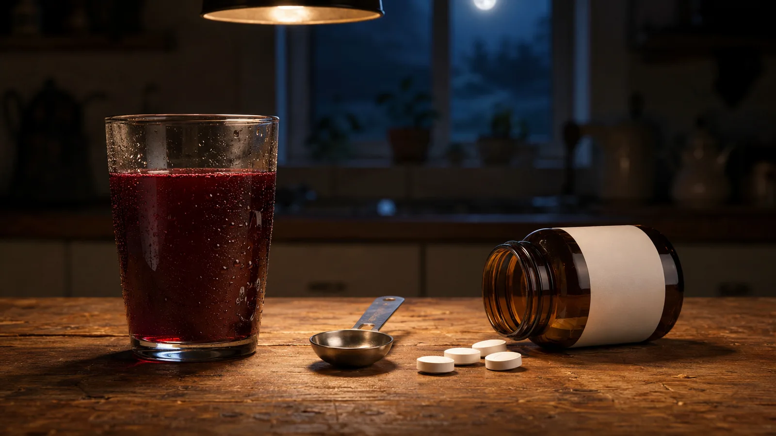 Tart cherry juice and a bottle of melatonin tablets on a kitchen counter at night