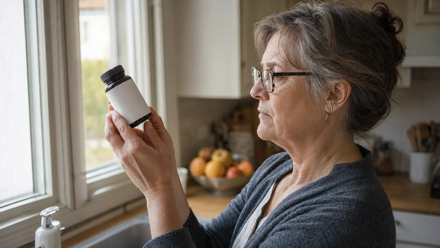 A woman in her fifties holding a supplement jar up to the window light to read it