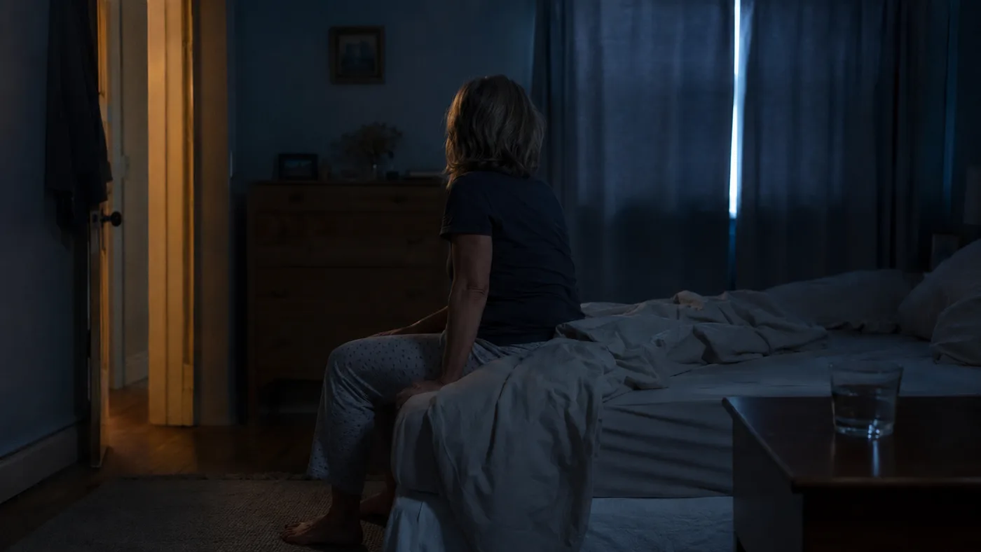 A woman sitting on the edge of her bed in the dark, seen from behind