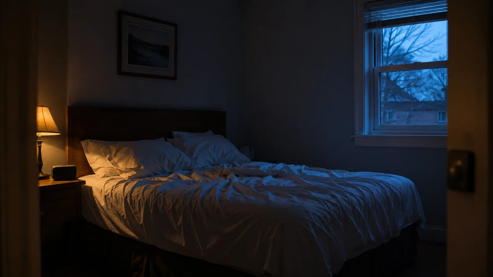 A dark bedroom before dawn with the bed empty and a lamp still on